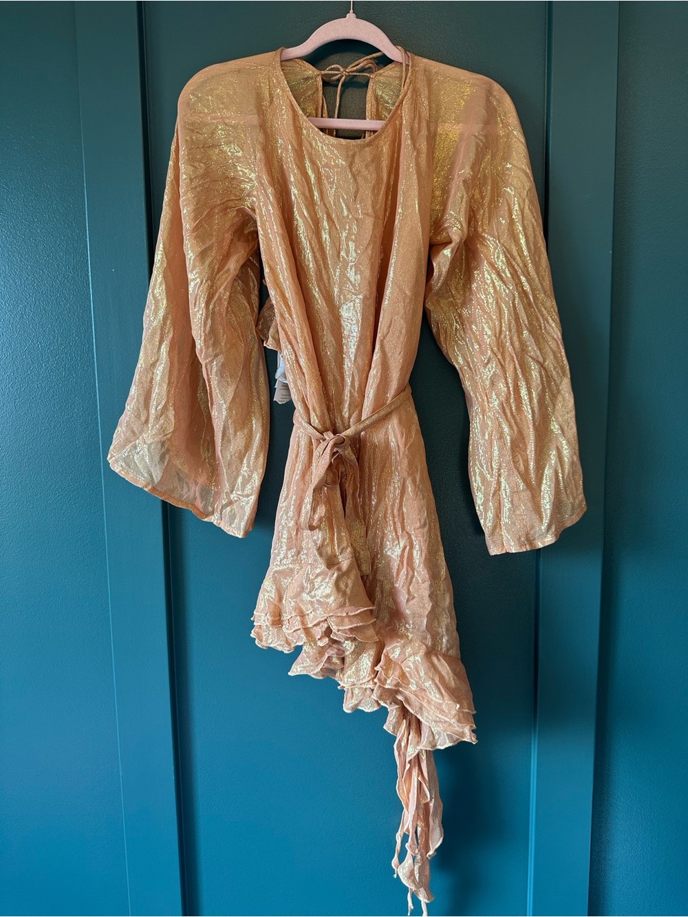 Sundress Shimmery Peach Ruffle Tie-Waist Dress